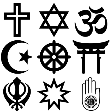 10. Religijski simboli- Simboli najčešćih svjetskih religija, odozgo nadolje, slijeva nadesno kršćanstvo, judaizam, hinduizam, islam, budizam, šintoizam, sikizam, bahaizam, džaini